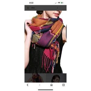 Cashmere Plaid Scarf Unisex with Fringe Purple Yellow Blue